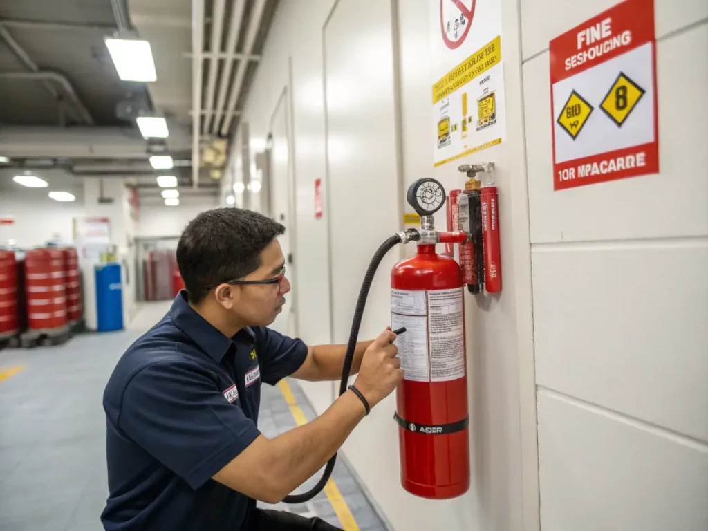 Technician performing fire extinguisher inspection as part of Test Tag Fire Safety Services”