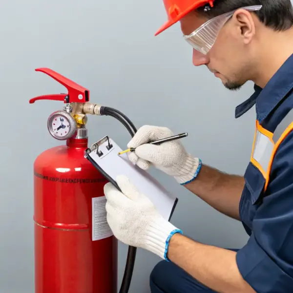 Technician testing a fire extinguisher for workplace safety compliance