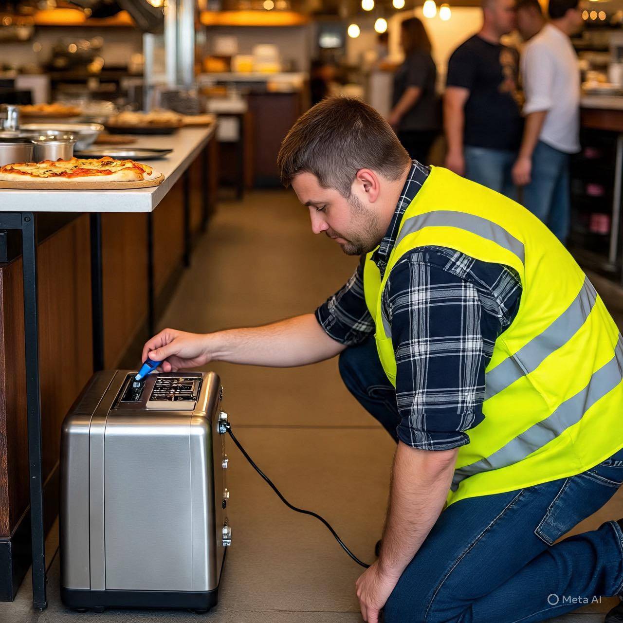 "Technician testing electrical equipment in a Tarneit caffe."