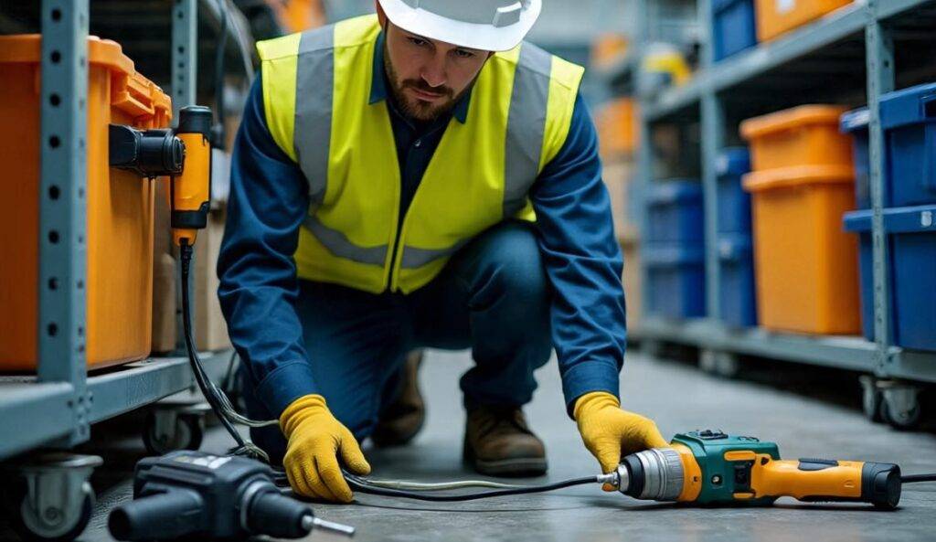 Technician testing electrical tools in a workshop in Geelong.
