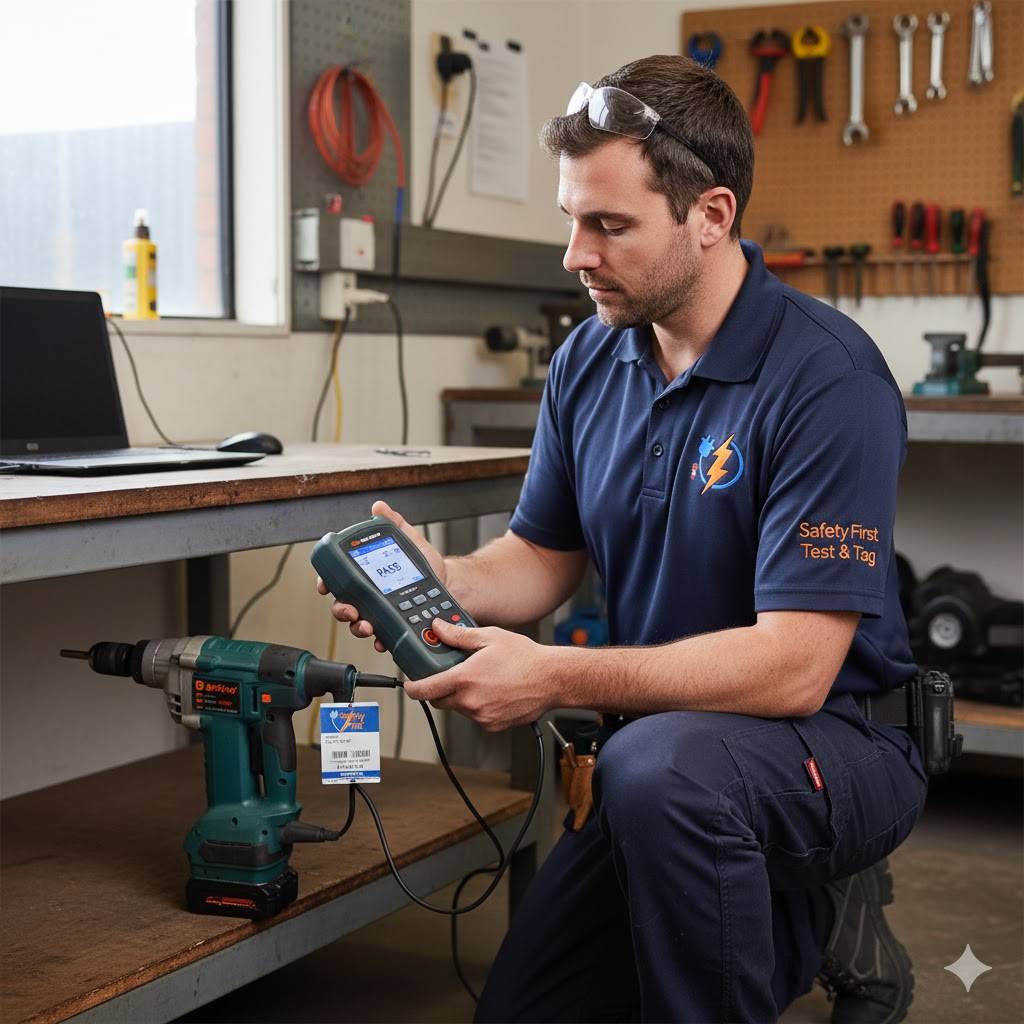 "Technician performing electrical test and tag on office equipment using a digital PAT tester."