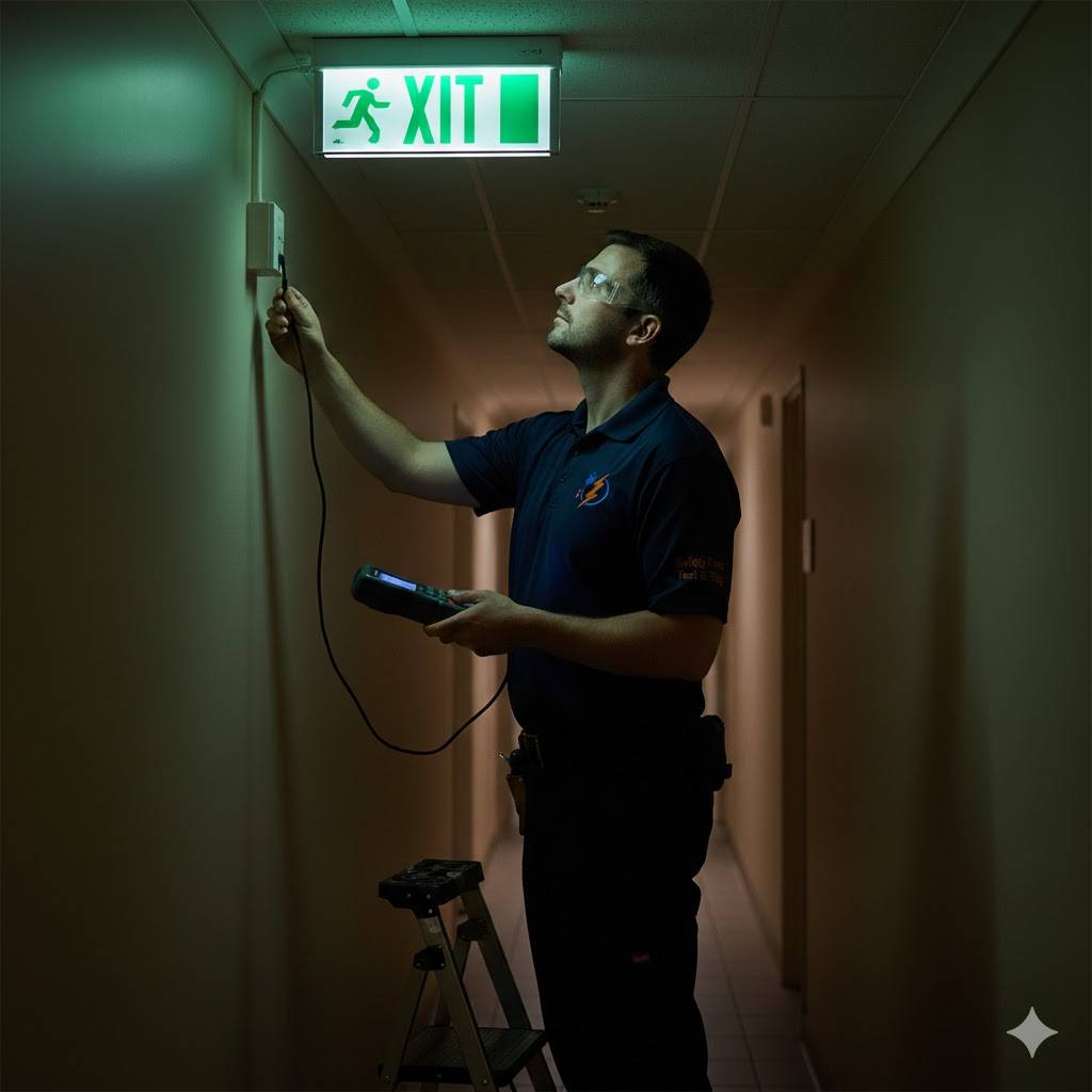 Illuminated green exit sign undergoing 90-minute discharge test in a commercial building.