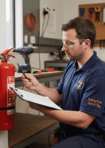 Technician performing flow test on a fire Extinguisher to AS 1851 standards.