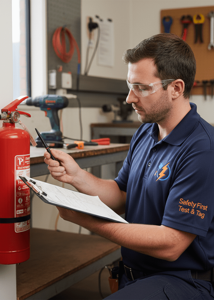 Technician performing flow test on a fire Extinguisher to AS 1851 standards.