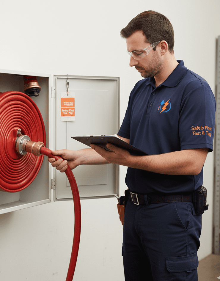 echnician performing flow test on a fire hose reel to AS 1851 standards.