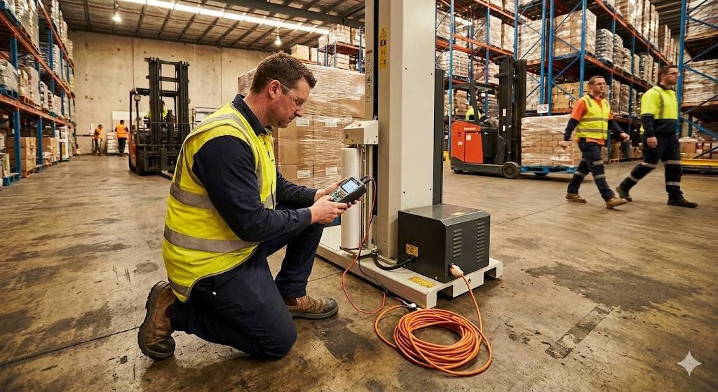 Technician testing a 3-phase industrial packaging machine in a warehouse
