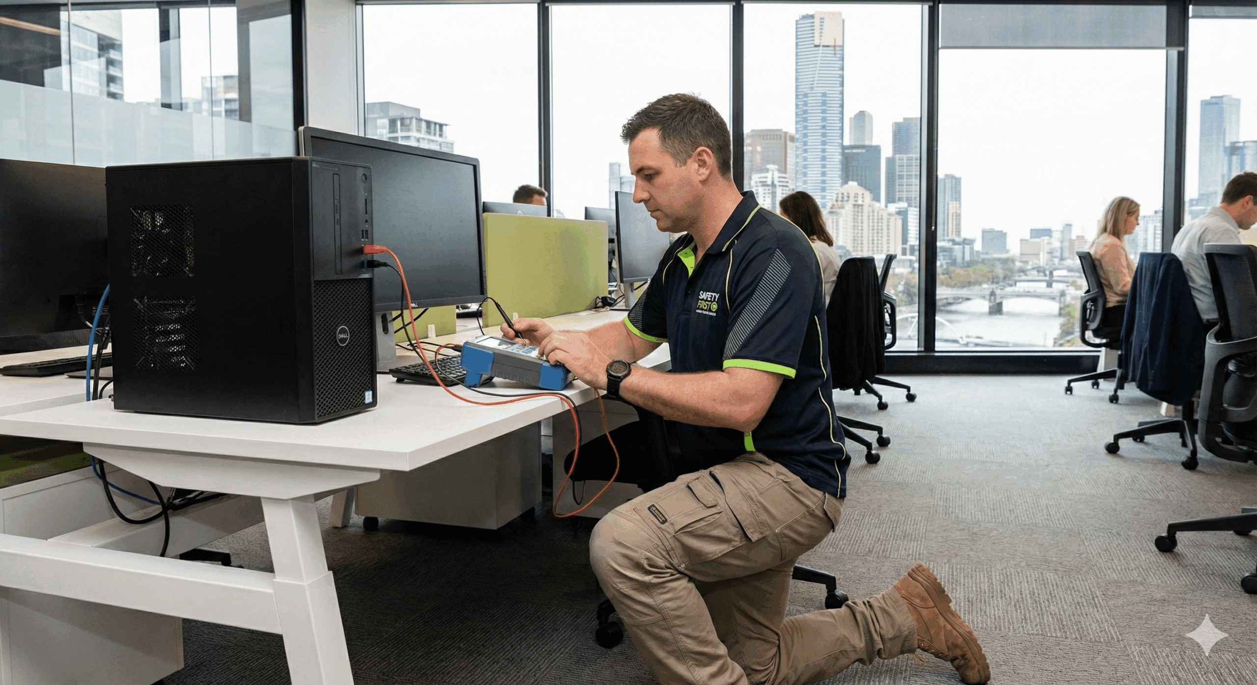 Technician discreetly testing computer monitors in a corporate office.