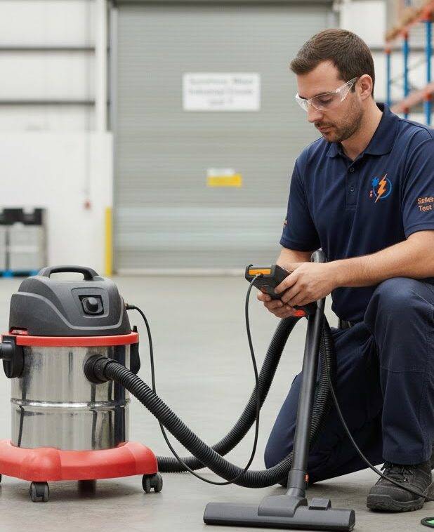 Safety First Technician Testing and Tagging Equipment in Sunshine Warehouse
