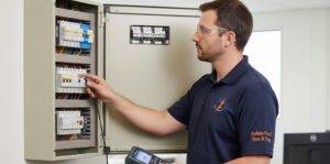 Safety First Technician Testing RCD in Office Environment