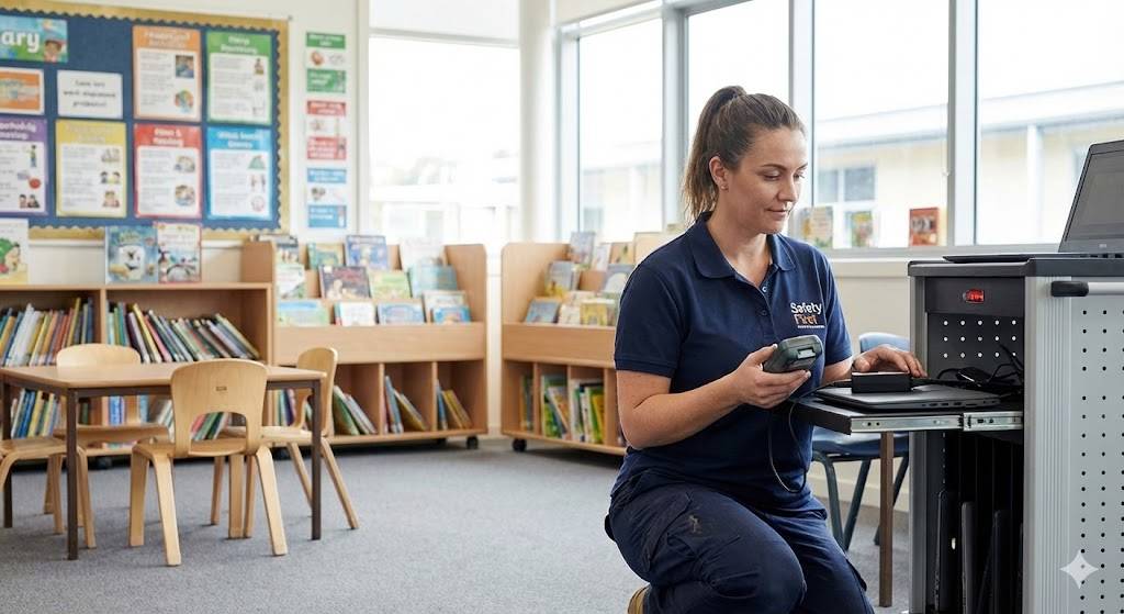 Safety First technician testing electrical equipment in a school classroom with Working With Children Check compliance.