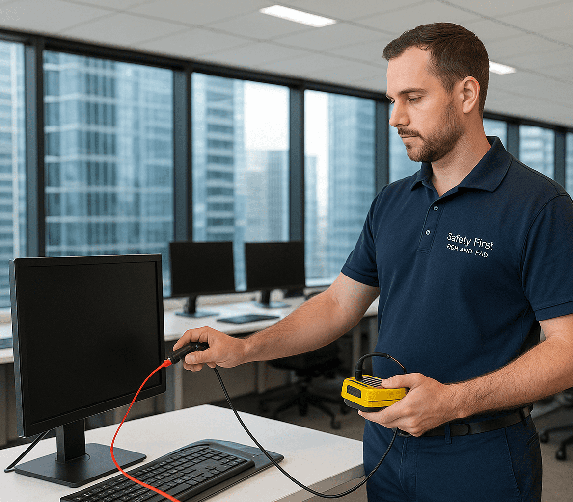 Technician testing computer monitors in a Melbourne CBD