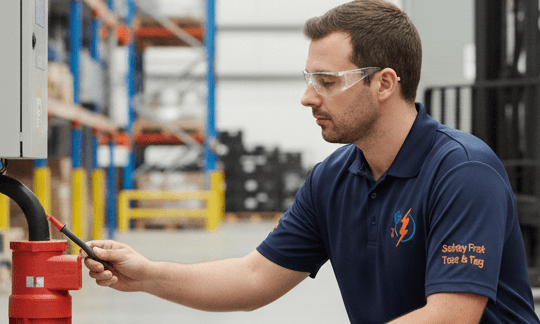 Safety First Technician Testing 3-Phase Equipment in Sunshine Warehouse