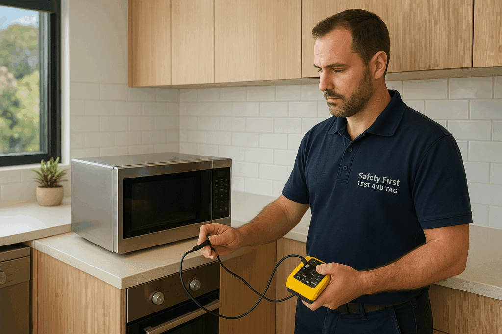 Technician testing kitchen appliances in a Surf Coast holiday rental property.