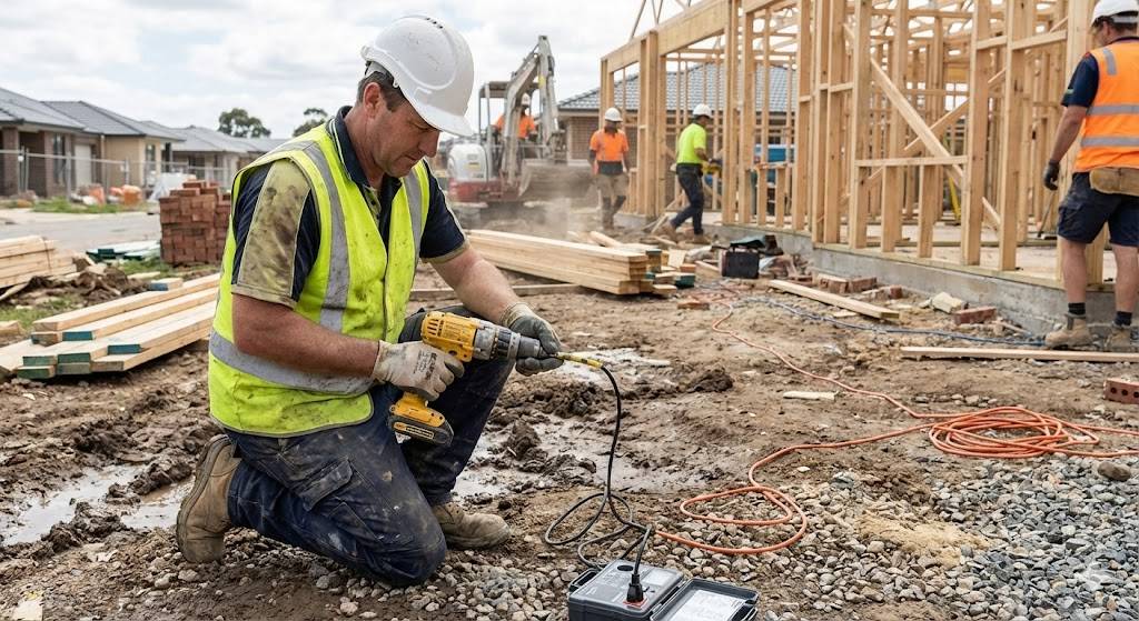 Close-up of tools and RCD safety switches and circuit breakers in a commercial electrical switchboard ready for injection time testing.