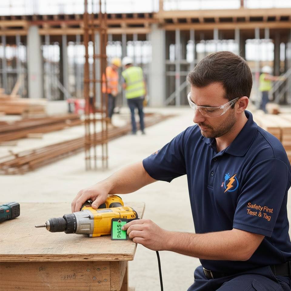 A certified Safety First Test and Tag technician performing electrical safety inspections on heavy-duty power tools and leads at an active construction site.