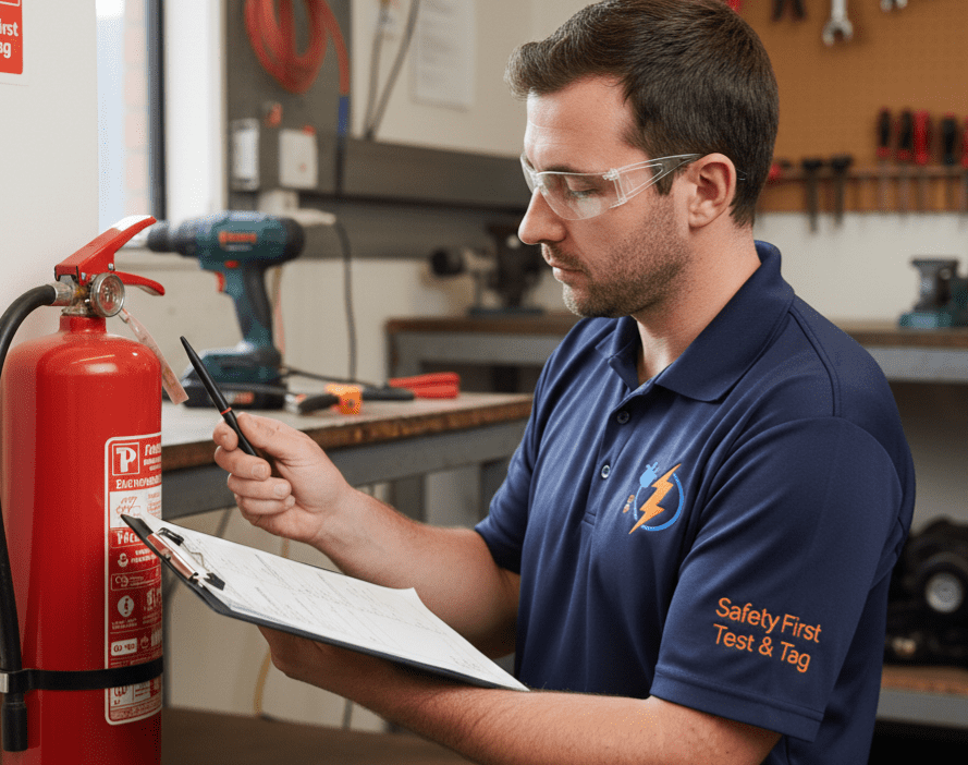 Professional Safety First technician inspecting and tagging a dry chemical fire extinguisher in a busy industrial workshop to ensure AS 1851-2012 compliance.