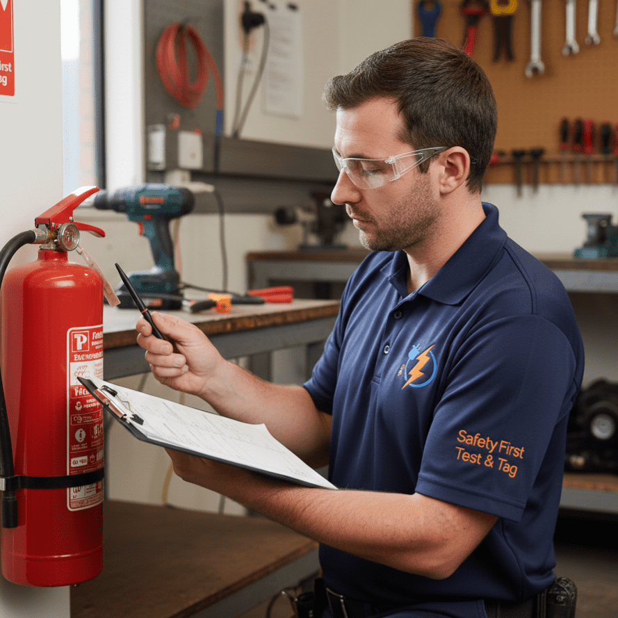 Professional Safety First technician inspecting and tagging a dry chemical fire extinguisher in a busy industrial workshop to ensure AS 1851-2012 compliance.