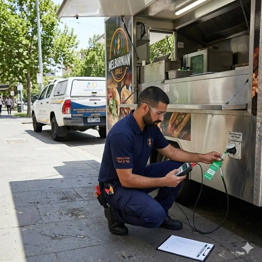 A Safety First Test and Tag technician conducting electrical safety testing on commercial kitchen appliances inside a mobile food truck.