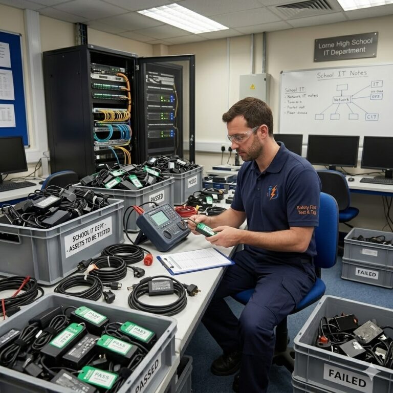 Safety First technician performing electrical test and tag on IT equipment in a high school classroom to meet Victorian education safety standards