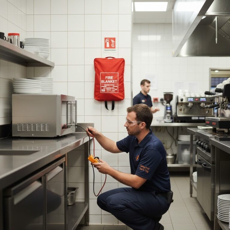 Safety First technician performing microwave radiation leakage testing and electrical tagging in a commercial cafe kitchen to ensure hospitality safety compliance.