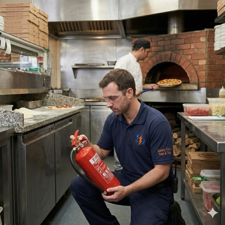 Safety First technician inspecting and tagging a fire extinguisher in a commercial warehouse to ensure compliance with AS 1851 fire safety standards.