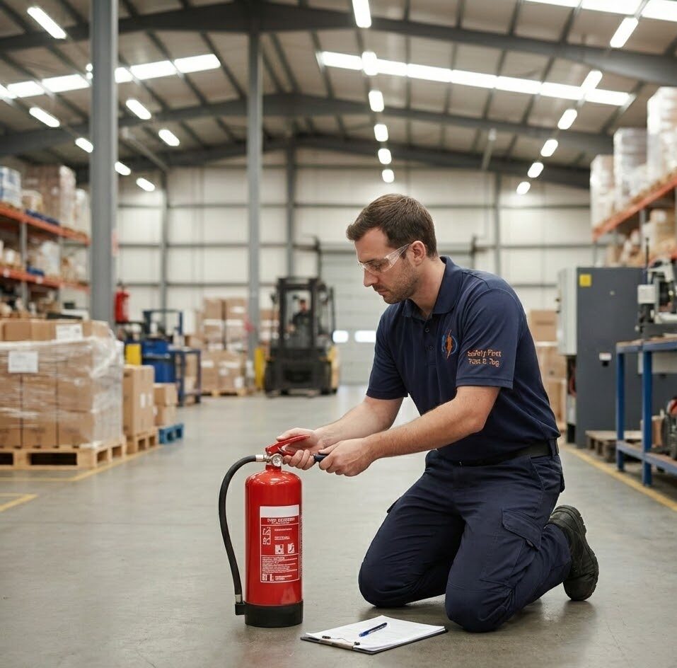 A certified Safety First technician inspecting, checking the pressure, and tagging a red fire extinguisher mounted in a large commercial warehouse.