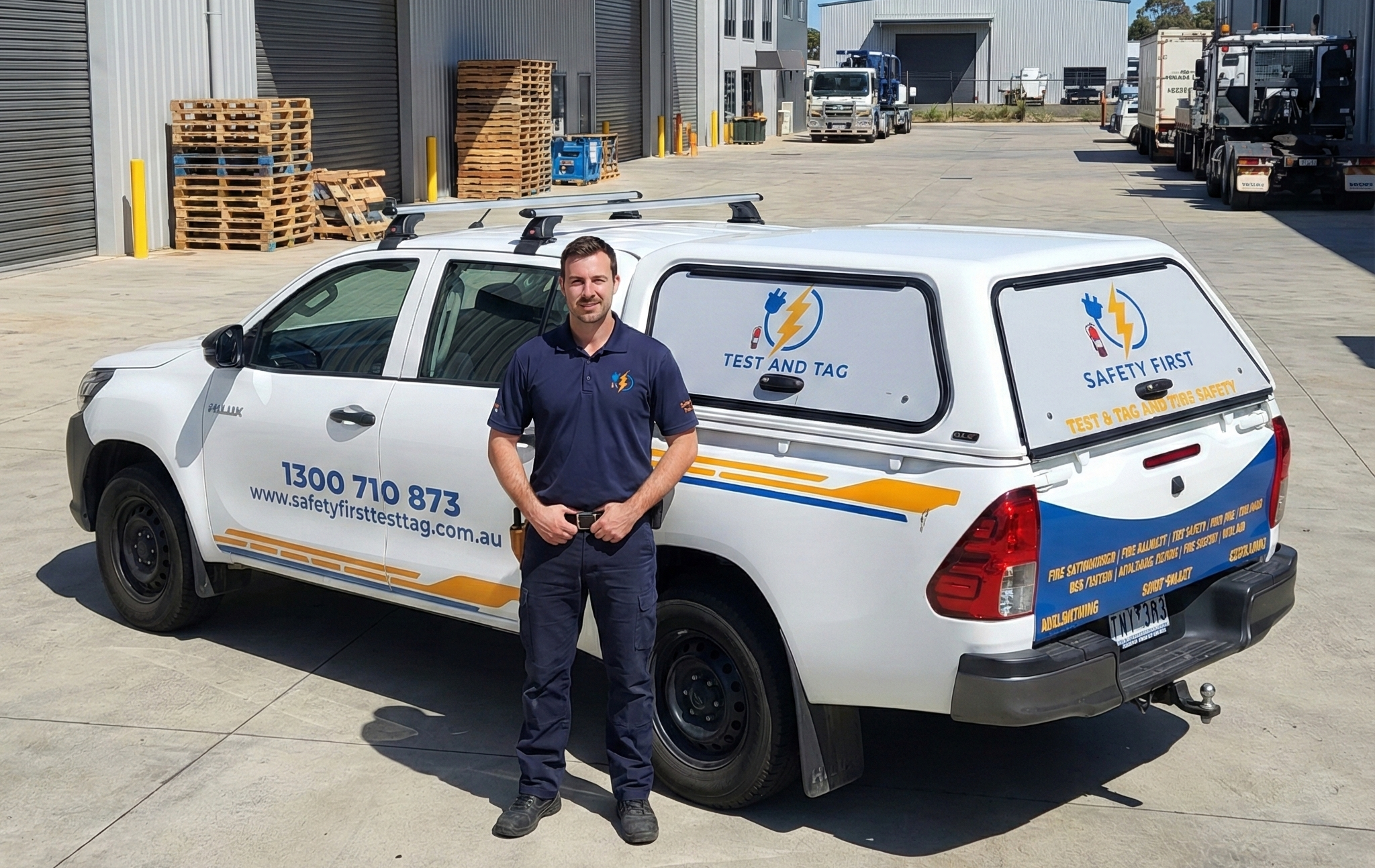 Safety First Test and Tag technician standing in front of a branded company van, preparing for an electrical safety inspection at a commercial warehouse.