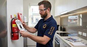 Safety First technician testing a Wet Chemical fire extinguisher and fire blanket in a Victorian rooming house kitchen to AS 1851 standards.